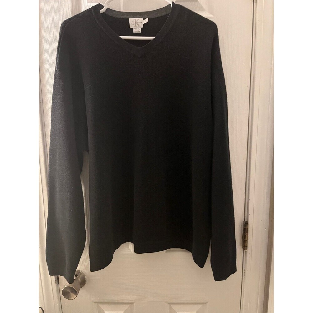 Calvin Klein Men's Medium Sweater Pullover V-Neck Knit Black 100% Cotton